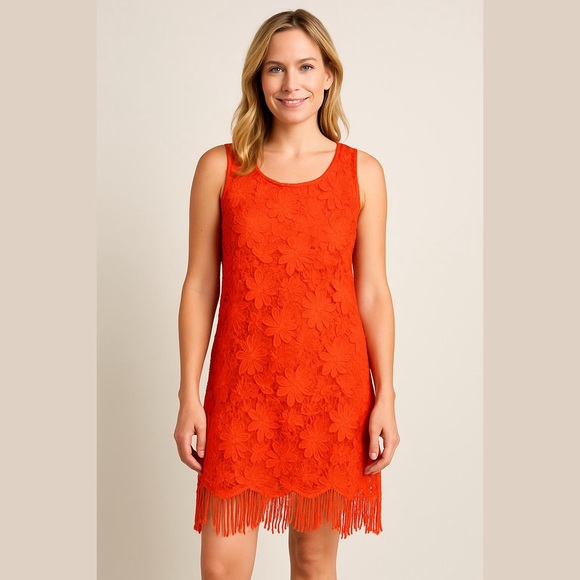 Bow Arrow Orange Crochet Fringe Dress M Boho Chic Festival Wedding Guest hippie - Picture 1 of 14